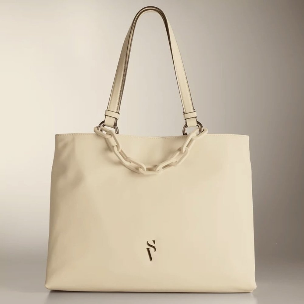 NWT Simply Vera Wang Large Faux Leather Tote Bag w/ Chain Accessory in Cream $89